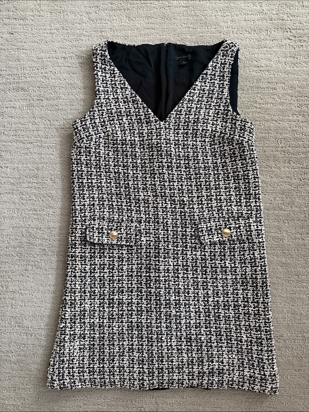 Ann Taylor Black and White Tweed V-Neck Shift Dress with Gold Buttons